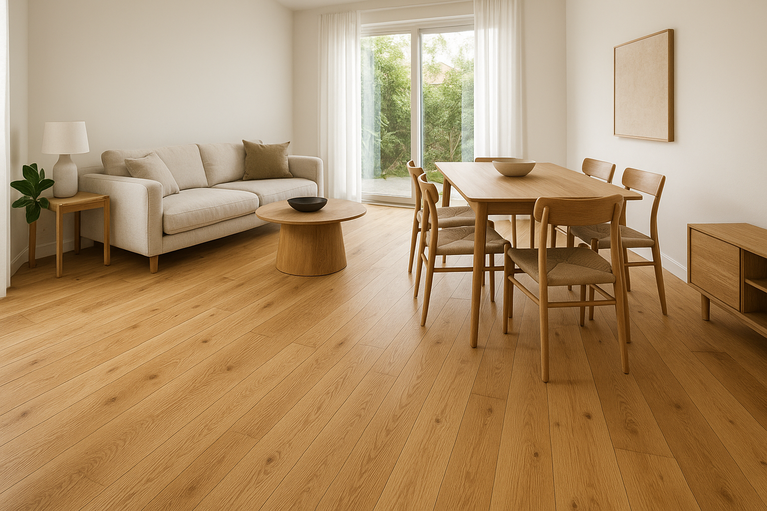 solid oak 130 width ramdom lengths natural grade ramdom lenghts  satin lacquered finish in a living and dining room